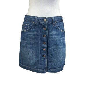 RVCA Denim Retro Embroidered Distressed Button Front Whiskered Mini Skirt Sz 27